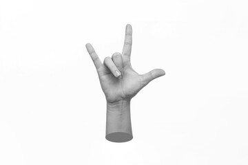 Female hand showing three fingers signifying the rock gesture isolated on white background. Sign of...