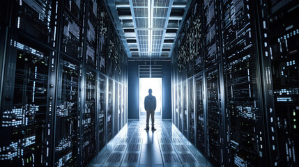 Artificial intelligence server room with glowing nodes and connections that illustrate the complex neural networks - generative ai