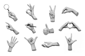 Obraz na płótnie Canvas Set of 3d hands showing gestures as ok, peace, thumb up, point to object, shaka, rock, holding magnifying glass, writing isolated on white background. Contemporary art, creative collage. Modern design