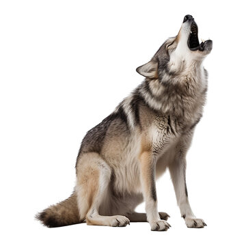 Sitting howling wolf on transparent background. Generative AI