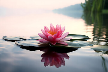 a pink flower sitting on top of a body of water