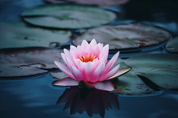 a pink flower sitting on top of a body of water