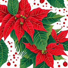 Obraz premium seamless pattern with red poinsettia - poinsenttia on white background - Christmas Flowers - Generative AI