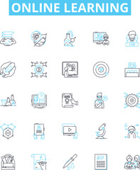 Online learning vector line icons set. eLearning, virtual, remote, digital, online, courses, tutoring illustration outline concept symbols and signs
