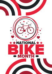 National Bike Month. Celebrated annual in May in United States. Bicycle concept. Healthy and active lifestyle. Sports or hobby. Poster, card, banner and background. Vector illustration