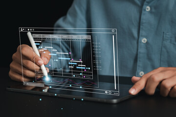 Analyst working on company performance strategy analytics dashboard. Data Management System to make report with KPI and metrics connected to database.