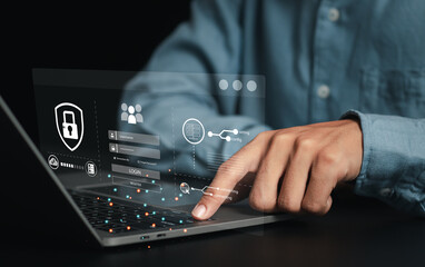 Encrypted access to personal data. Protect user privacy network and private data access with padlock icon. Cyber security concept..