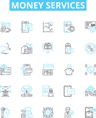 Money services vector line icons set. Money, services, banking, finance, transfer, payments, currency illustration outline concept symbols and signs