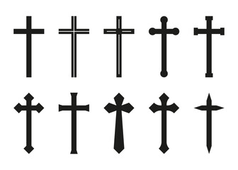 Cross black shape silhouette. Traditional religion symbol. Church sign cross. Vector illustration