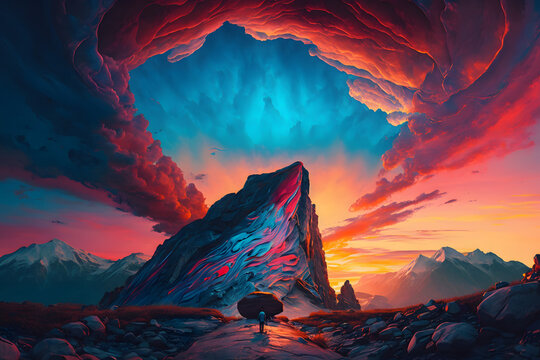 Colorful sunrise landscape with mountains. Generative AI © PIRMYN