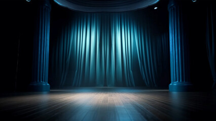 Theater stage with blue curtains are opening with spotlight performance lights showing.