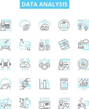 Data analysis vector line icons set. Analytics, Mining, Exploration, Modeling, Visualization, Inference, Statistics illustration outline concept symbols and signs