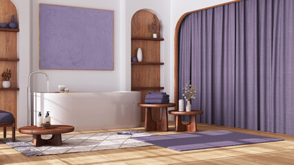 Wooden bathroom in japandi style with arched door and parquet floor. Freestanding bathtub, carpet, shelves and table in white and purple tones. Contemporary interior design
