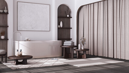 Dark wooden bathroom in japandi style with arched door and parquet floor. Freestanding bathtub, carpet, shelves and table in white and beige tones. Contemporary interior design