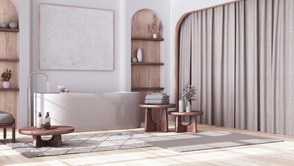 Bleached wooden bathroom in japandi style with arched door and parquet floor. Freestanding bathtub, carpet, shelves and table in white and beige tones. Contemporary interior design
