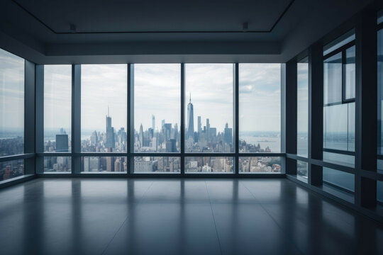 A modern, minimalist office with a large window looking out onto a city skyline - Generative AI