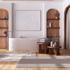 Blurred background, wooden bathroom with parquet floor. Freestanding bathtub, carpets, coffee tables and curtains. Japandi farmhouse interior design