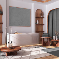 Modern wooden bathroom with curtains, bathtub, tables and carpets in white and gray tones. Parquet floor and arched door. Japandi interior design