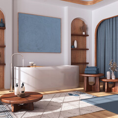Modern wooden bathroom with curtains, bathtub, tables and carpets in white and blue tones. Parquet floor and arched door. Japandi interior design
