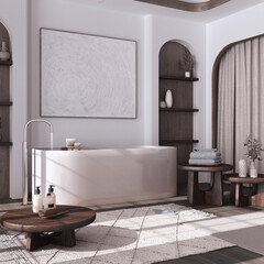 Modern dark wooden bathroom with curtains, bathtub, tables and carpets in white and beige tones. Parquet floor and arched door. Japandi interior design