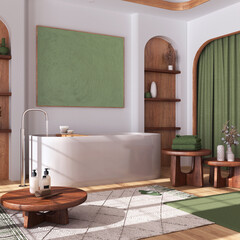 Modern wooden bathroom with curtains, bathtub, tables and carpets in white and green tones. Parquet floor and arched door. Japandi interior design