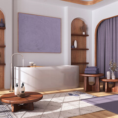 Modern wooden bathroom with curtains, bathtub, tables and carpets in white and purple tones. Parquet floor and arched door. Japandi interior design