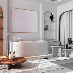 Architect interior designer concept: hand-drawn draft unfinished project that becomes real, modern wooden bathroom with curtains, bathtub, tables and carpets. Japandi style