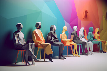 Inclusive Workplace. Hiring Scene. Multicultural Job Interview in Low-Poly Style
 - obrazy, fototapety, plakaty