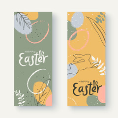 Two vertical banners with hand drawn Easter decorations in pastel colors. Minimalist style design with eggs, rabbit, flowers and plants