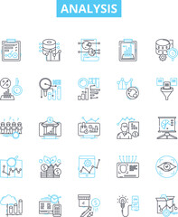 Analysis vector line icons set. Analyze, Analyzing, Examining, Studying, Investigating, Exploring, Calculation illustration outline concept symbols and signs