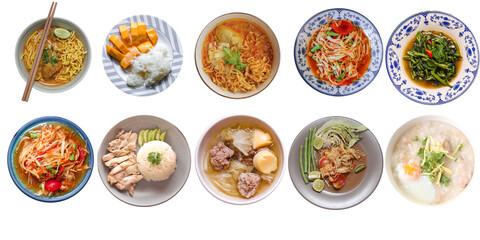 Fototapeta na wymiar Includes Thai food on a white background, Mango sticky rice, Thai papaya salad, Stir Fried Morning Glory, Khao Soi Recipe,