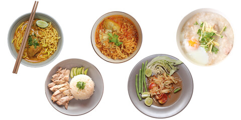 Includes Thai food on a white background, Thai papaya salad, Khao Soi Recipe, Hainanese chicken rice, Congee.