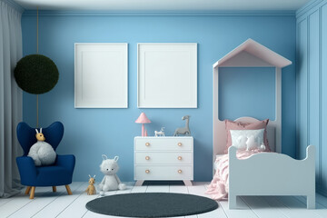 Blue child bedroom interior with frame mockup.  Generative AI