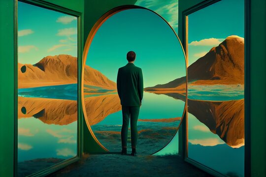A person standing in front of a mirror, but instead of their reflection, a beautiful landscape is visible, Metaphorical, Enigmatic, Poetic, Conceptual, Thought-provoking. Generative AI
