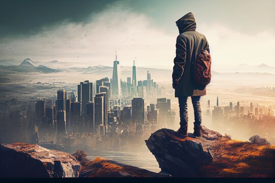 A person standing on a cliff, with a cityscape visible in the distance, Contemplative, Thoughtful, Inspiring, Serene, Nostalgic. Generative AI