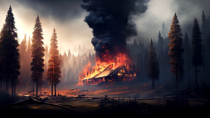 Forest on fire with thick black smoke and ashes covering the sky. Burning wood cabin in the forest. Generative AI