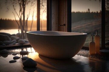 Image of a freestanding bathtub in a spa-like setting: Tranquil, relaxing, natural, serene, minimalist.  Generative AI
