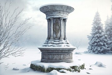 Beautiful decorated columns for 3D3d art podium-keytodesc against background of snowy garden, created with generative ai
