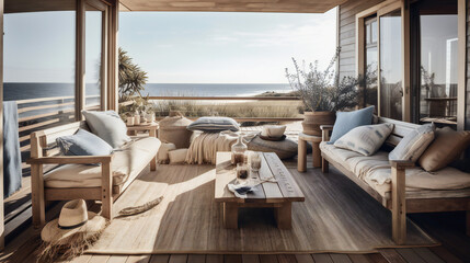Coastal garden terrace patio outdoor, with wood and fabric blue white and beige accents around noon sunny day in Australia at the beach - Generative AI - obrazy, fototapety, plakaty