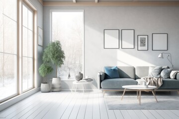 Lounge near glass window in bright living room of modern scandinavian house. Generative AI