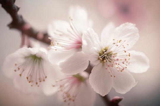 Close-up of cherry blossoms during the early morning. The light is soft and warm. Generative AI
