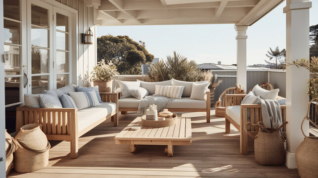 Coastal garden terrace patio outdoor, with wood and fabric blue white and beige accents around noon sunny day in Australia at the beach - Generative AI