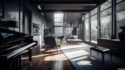 Modern artist living room apartment home interior in New york , with concret and wood, late morning - Generative AI