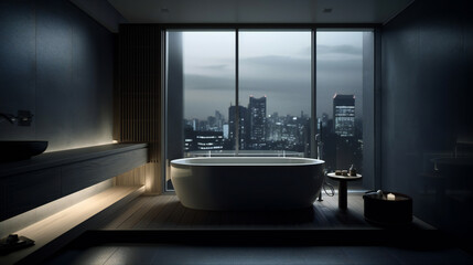Minimalist modern luxurious bathroom big city, urban environment indoor, late night in Tokyo - Generative AI 