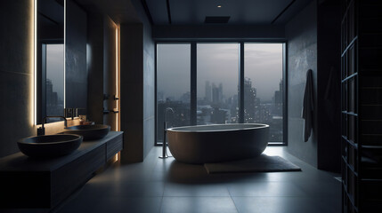 Minimalist modern luxurious bathroom big city, urban environment indoor, late night in Tokyo - Generative AI 