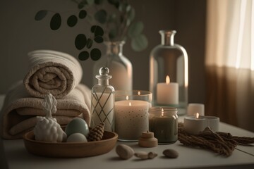 A beautiful composition featuring a spa set with burning candles and an aromatic reed diffuser on the table. Generative AI