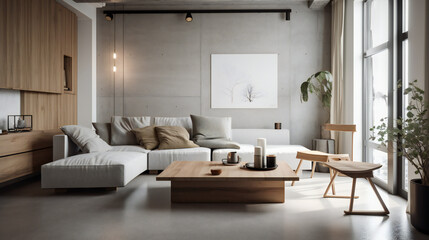 Modern urban city interior design contemporary home, IKEA style wood furniture, zen chill environment, luminous sunny light - Generative AI