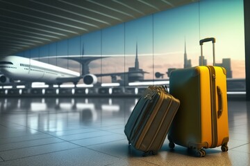 Traveling luggage in airport terminal. Generative AI