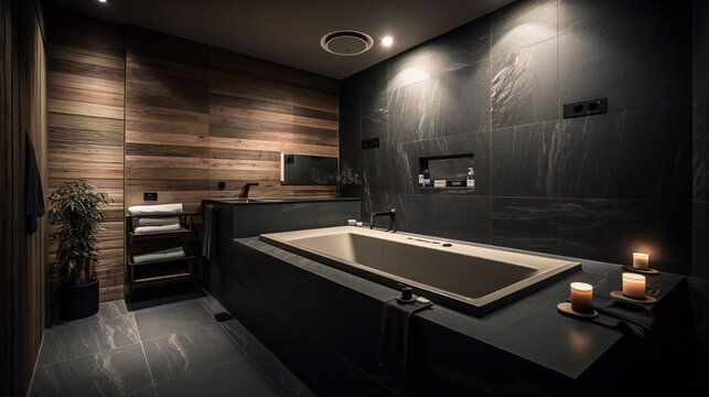 Minimalist luxurious modern bathroom in Tokyo, modern black and wood accents, zen clean environment - Generative AI © Sparkls