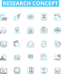 Research concept vector line icons set. Analysis, Survey, Experiment, Modeling, Sampling, Theory, Hypothesis illustration outline concept symbols and signs